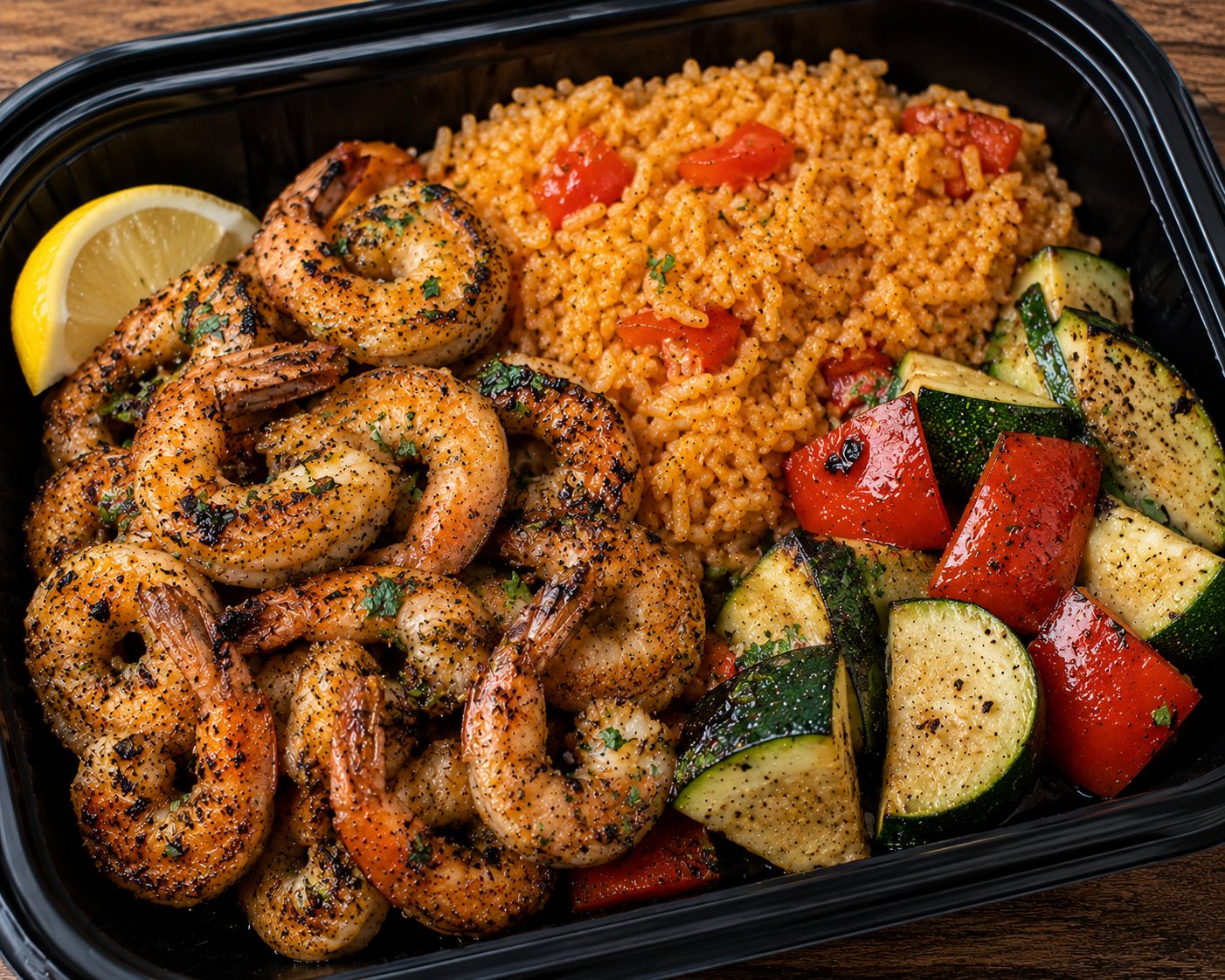 Grilled Citrus-Garlic and herb Shrimp with spanish rice with zucchini and red peppers