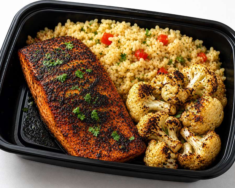 Cajun blackened salmon with  rice pilaf and roasted cauliflower.